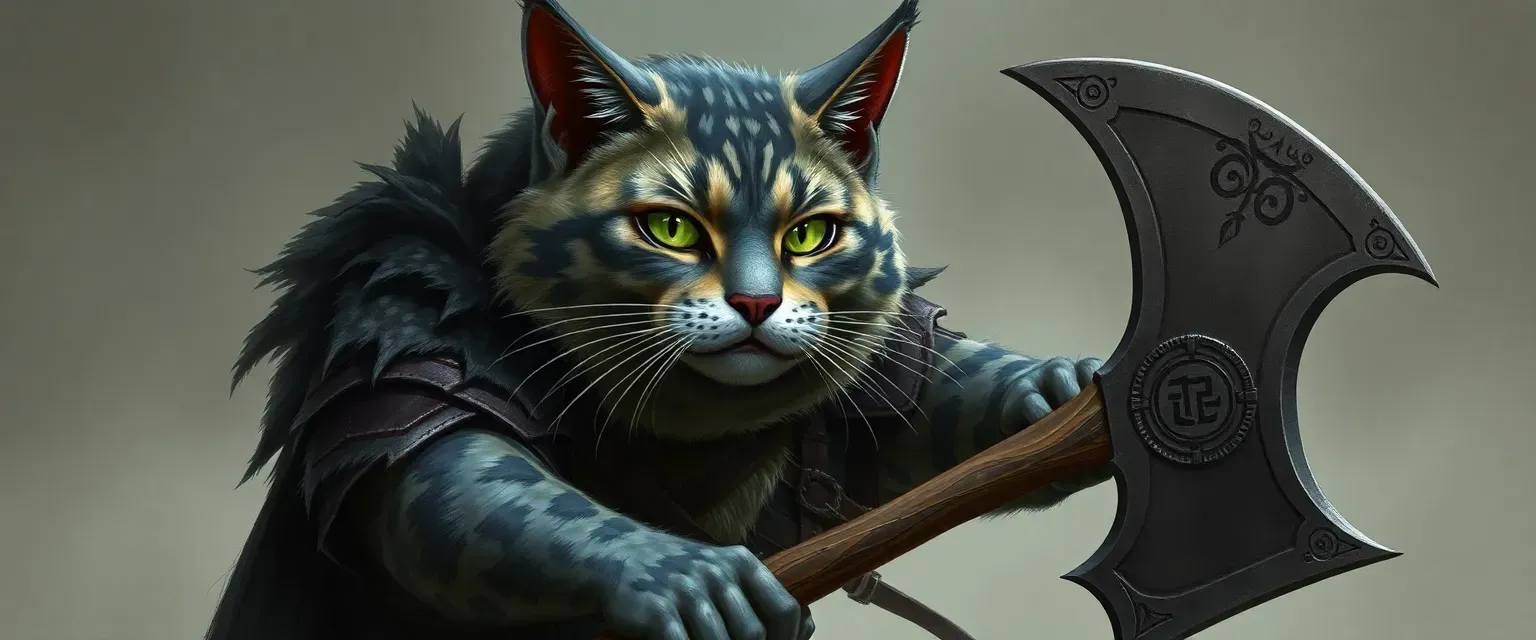 A rugged, gray-flecked cat warrior in patchwork armor, wielding a rune-engraved battleaxe, with a slight limp and vigilant green eyes.
