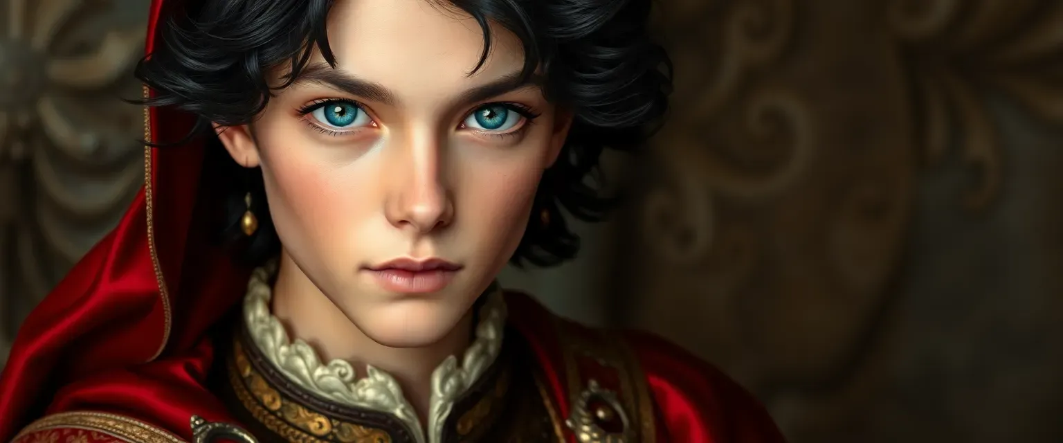 Young noble with dark hair, blue eyes, pale skin, dressed in fine silks and velvets.