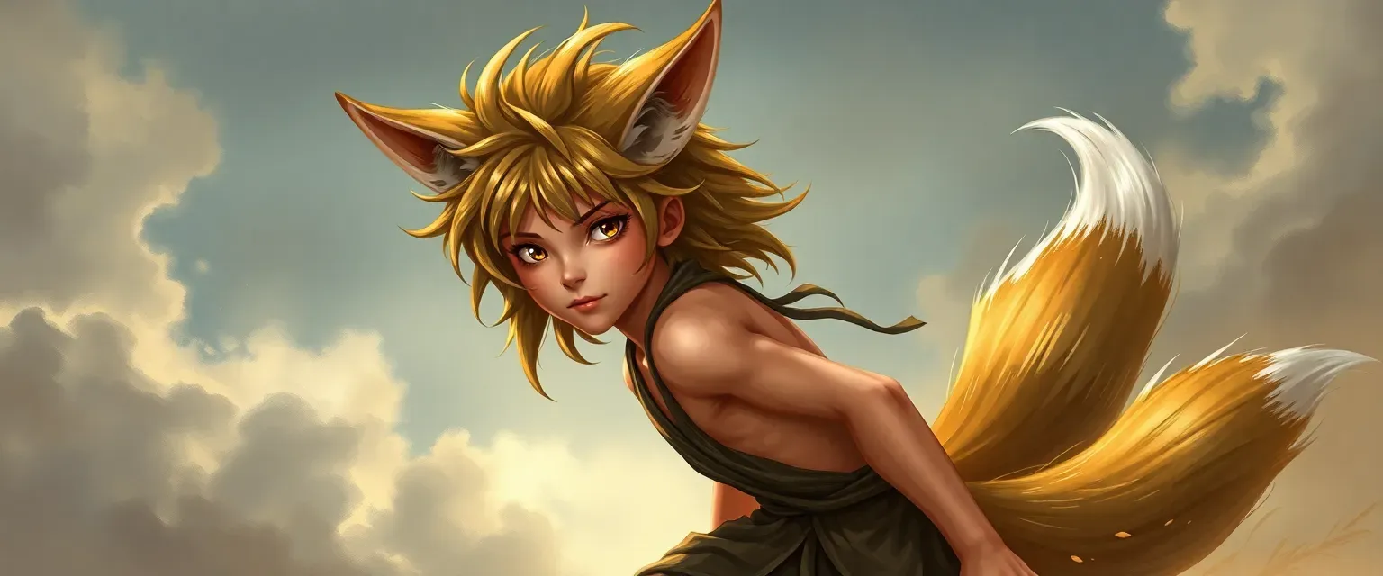 10-year-old fox boy with 9 tails, long messy hair, barefoot, adventurous.