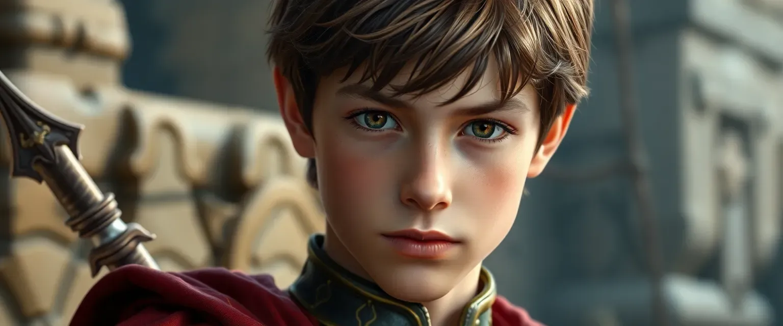 Young prince with soft brown eyes and neat brown hair, dressed in royal silks or commoner's leathers, handsome and brave.