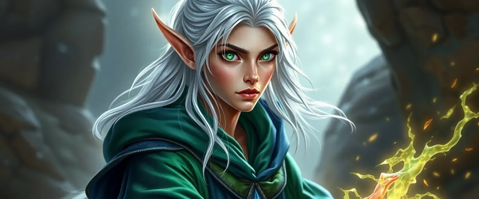 27-year-old elf wizard with silver hair and emerald eyes, wearing enchanted spider silk robe in green and blue.