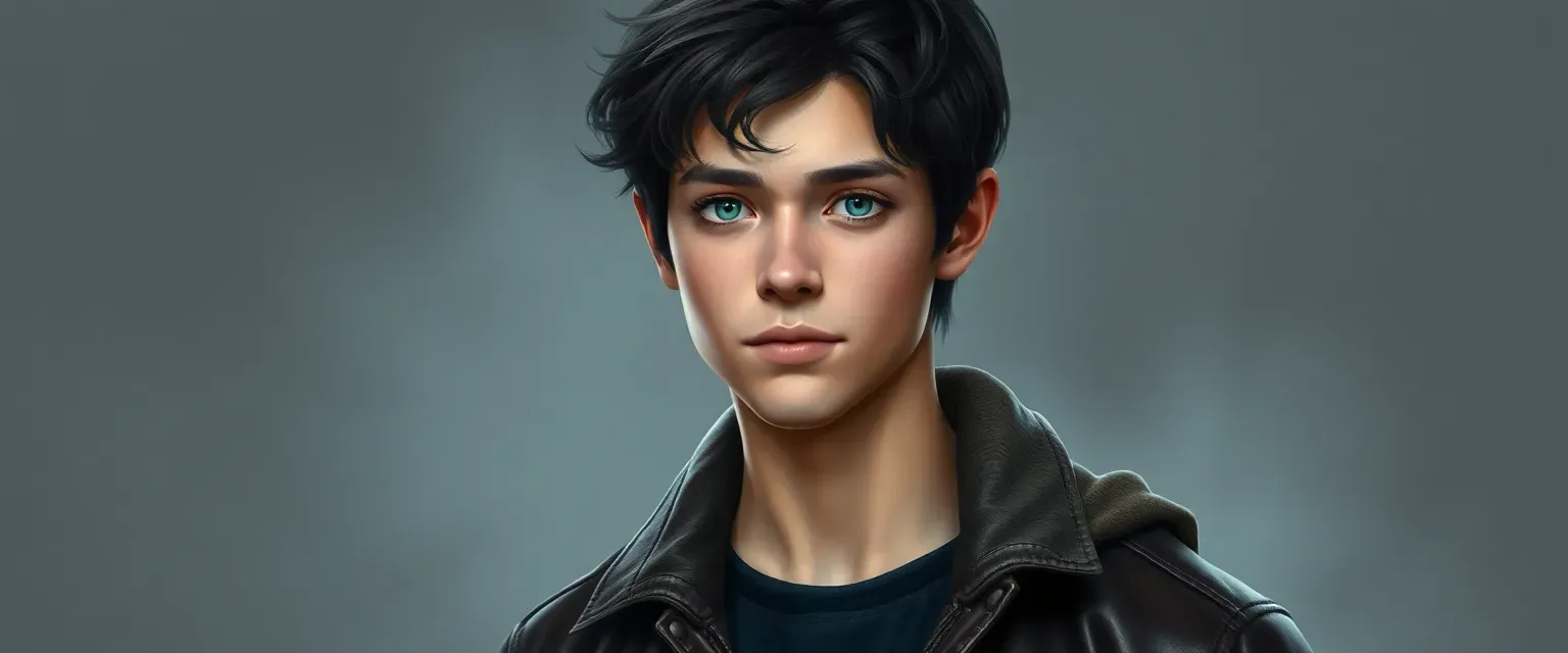15-year-old Aslan, with dark hair and bright eyes, wears a leather jacket over casual clothes, blending American and Russian styles.