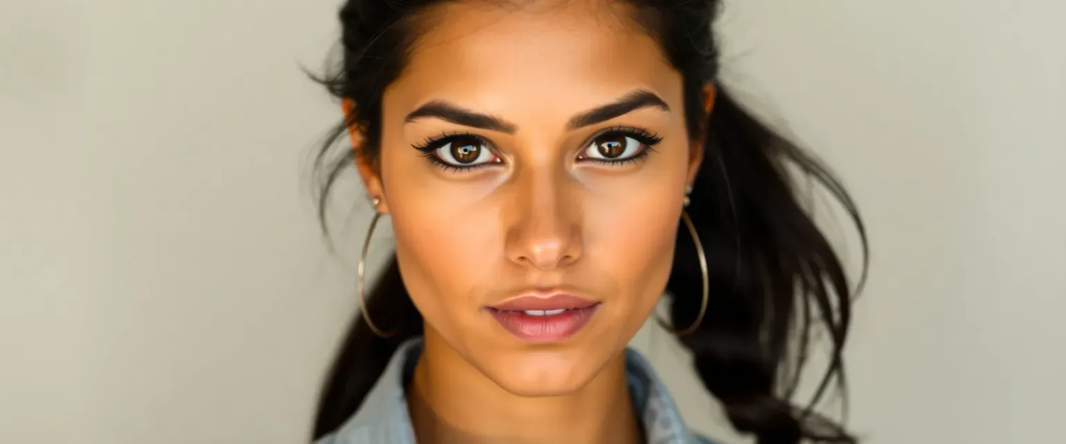 26-year-old Indian American woman, dark hair in ponytail, sharp eyes, slender, casual and professional attire.