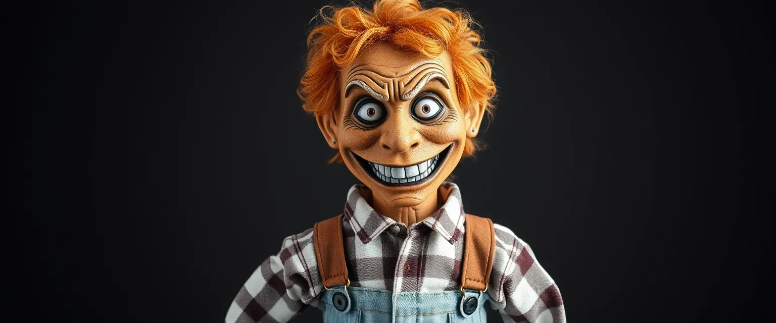 Mr. Wood, an aged wooden ventriloquist dummy with light orange curly hair, wears a white flannel shirt and light blue jeans with brown suspenders, his sinister grin a facade for his sinister nature.