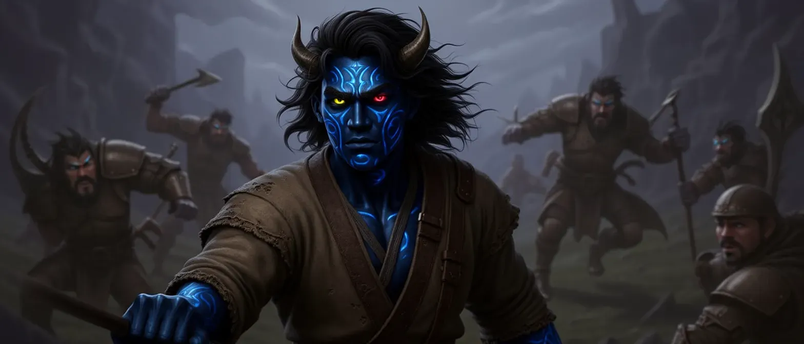 Young aasimar-tiefling male, 25, obsidian skin with glowing blue tattoos, small curved horns, one golden and one crimson eye, wild black hair, wearing scarred monk robes and leather straps.
