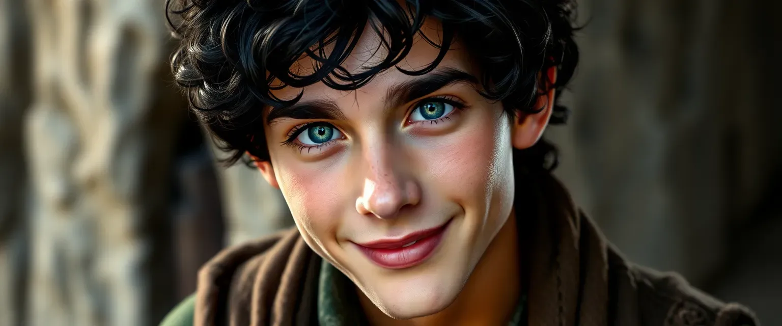 Young man, curly black hair, blue eyes, tattered clothes, hopeful smile.