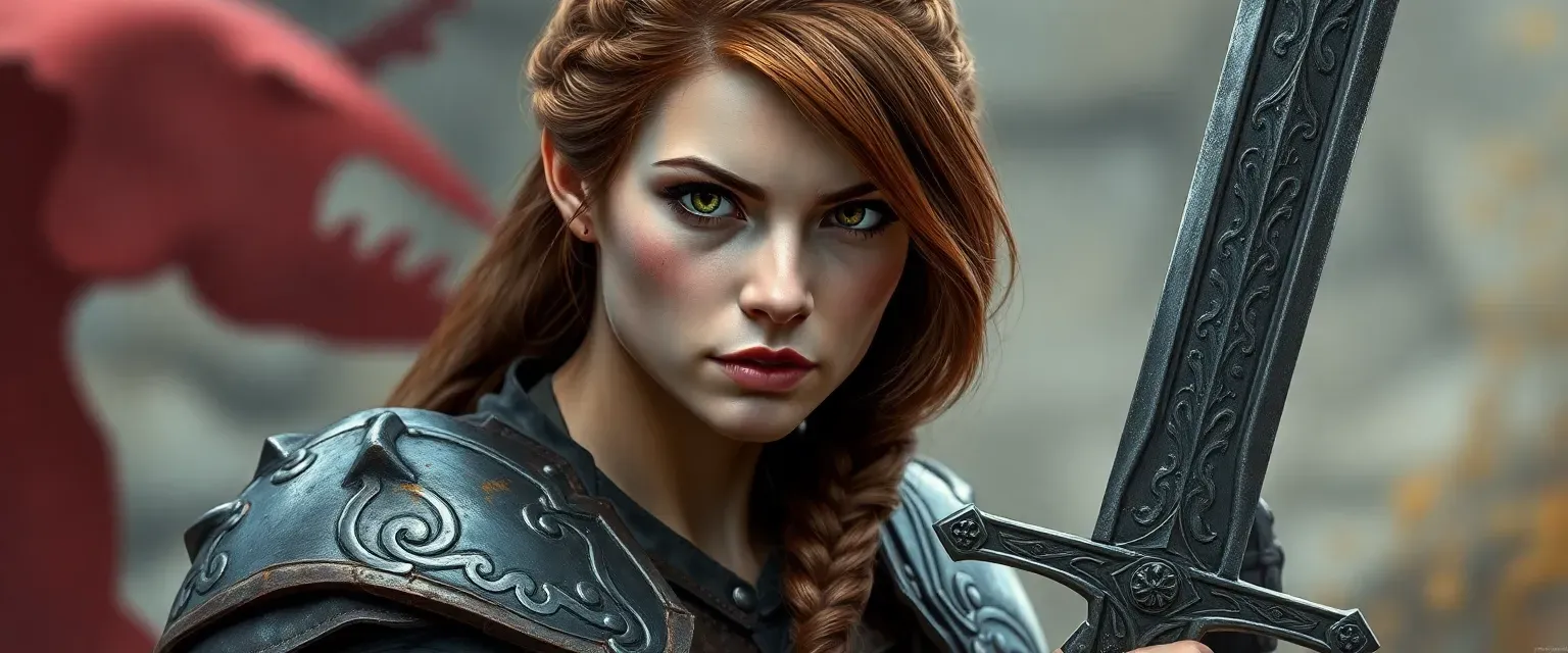 32-year-old woman with chestnut hair in a braid, hazel eyes, wearing battle-scarred armor and carrying an engraved sword.