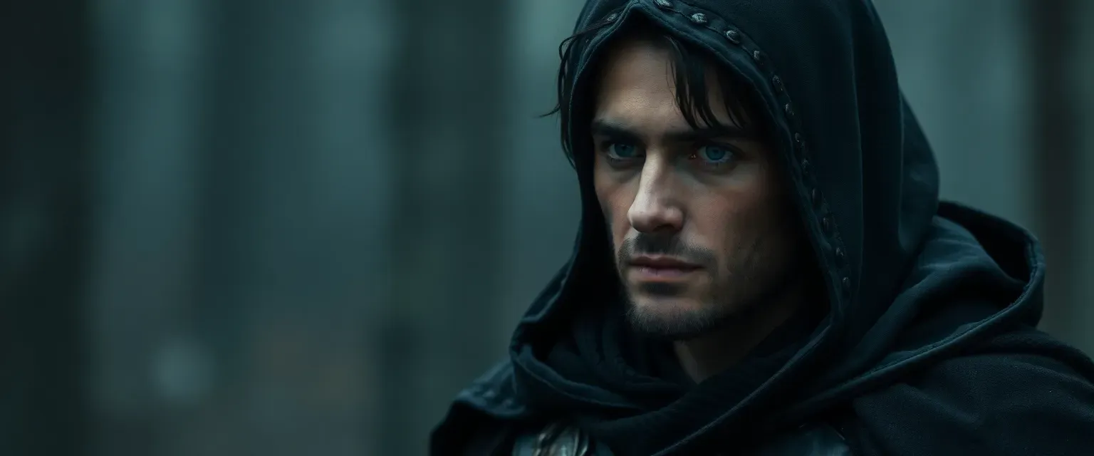 Late 30s man with raven black hair and a deep scar, wearing a dark hooded cloak and leather armor.