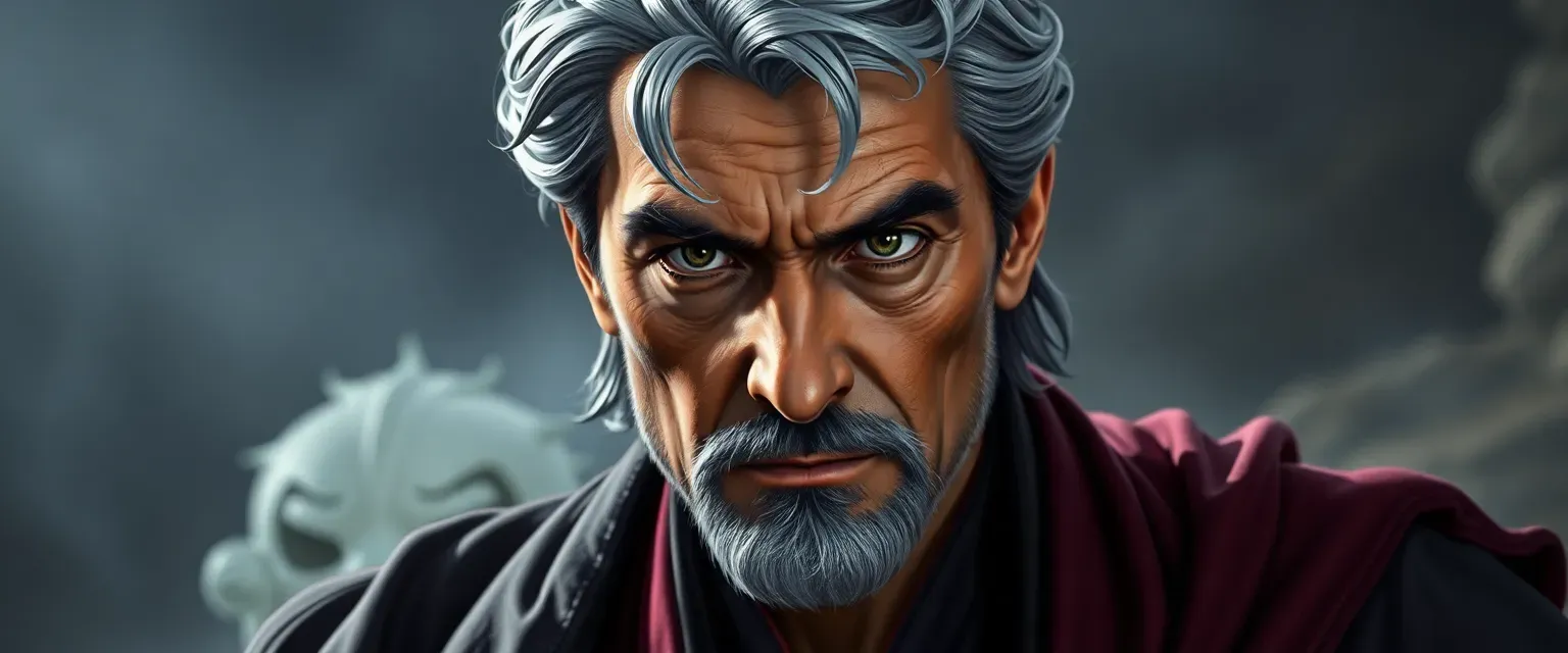 A middle-aged man with silver-streaked dark hair, sharp eyes, and wearing luxurious, blended traditional and modern robes.