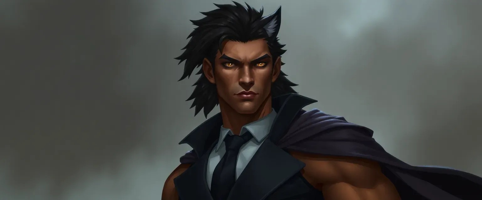 Tall, muscular hybrid with brown skin, golden eyes, black hair merging into wolf fur, wearing a dark suit and cloak.