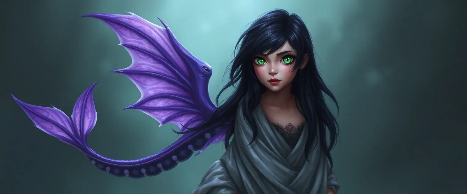 Young siren with mystical purple, white, and black tail, haunting green eyes, and long dark hair. Often cloaked on land.