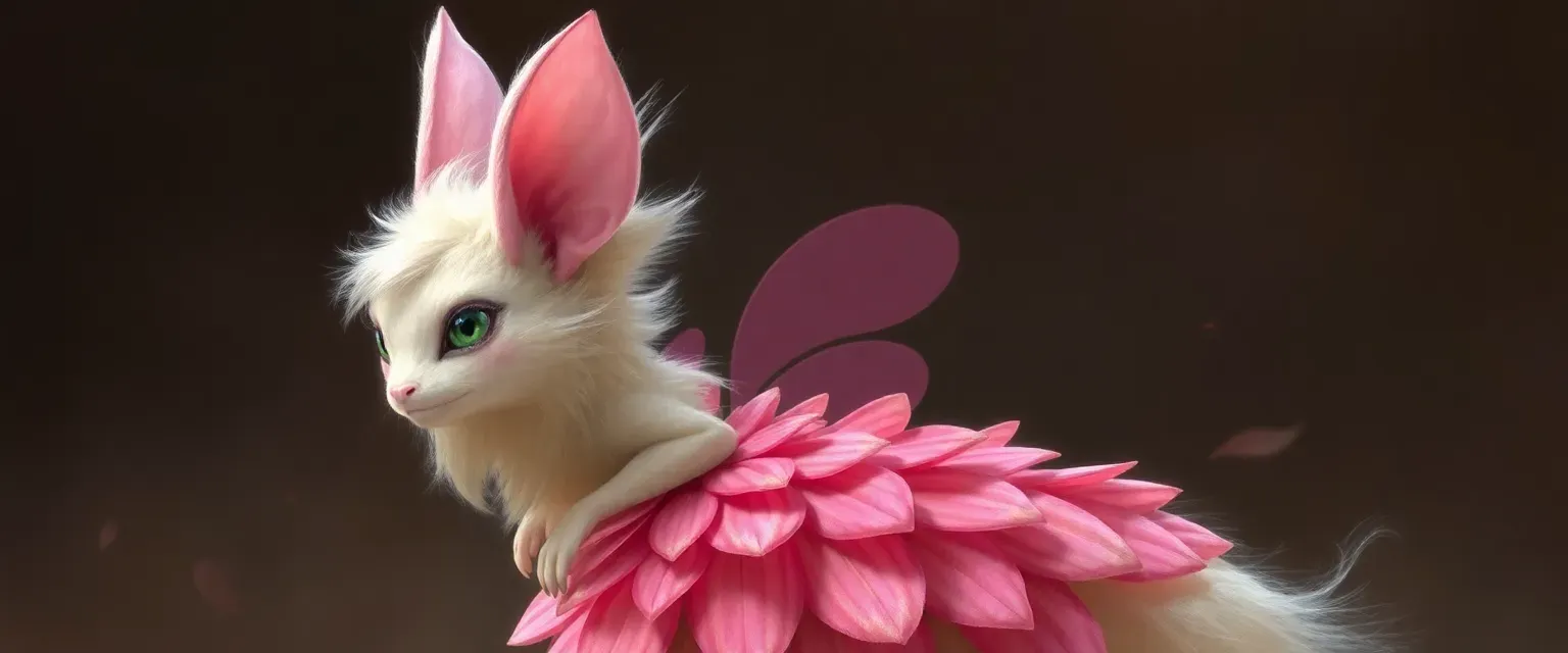 Three-foot-tall creature with pastel fur, petal-like ears, and a dress made of flower petals.