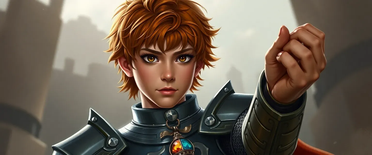 Young knight with chestnut hair and earnest hazel eyes, wearing royal armor and twirling a pendant.