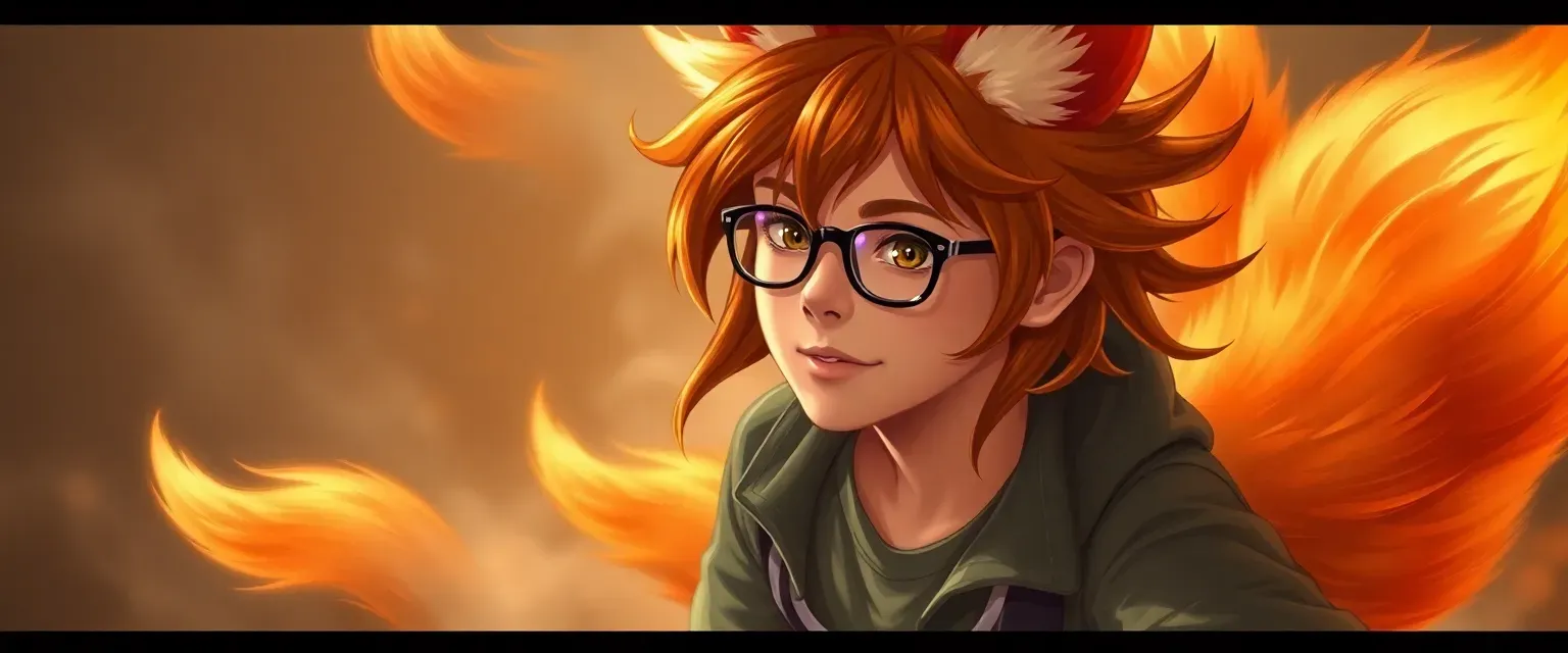 14-year-old boy with long hair, glasses, and 9 fiery fox tails, wearing casual clothes.