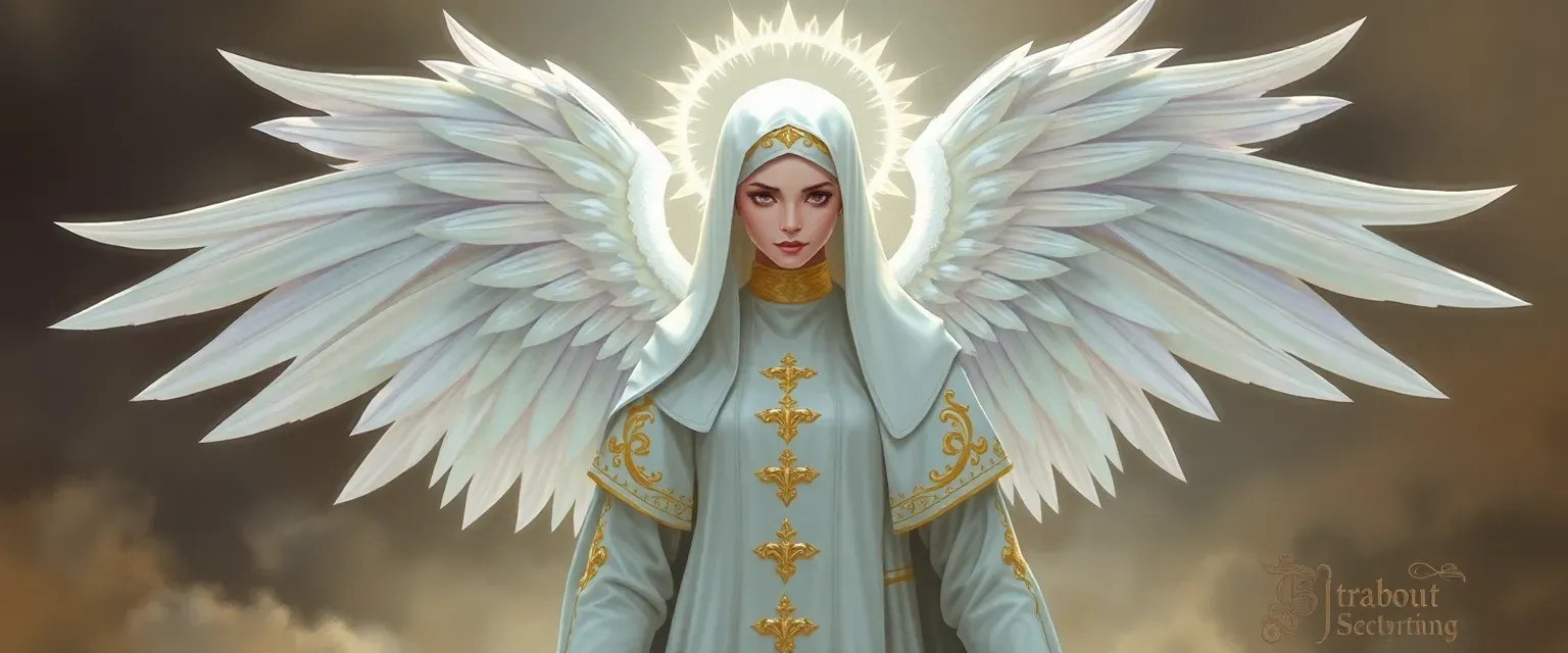 Seraph with six radiant wings, white hair, wearing a holy nun outfit with gold embroidery.