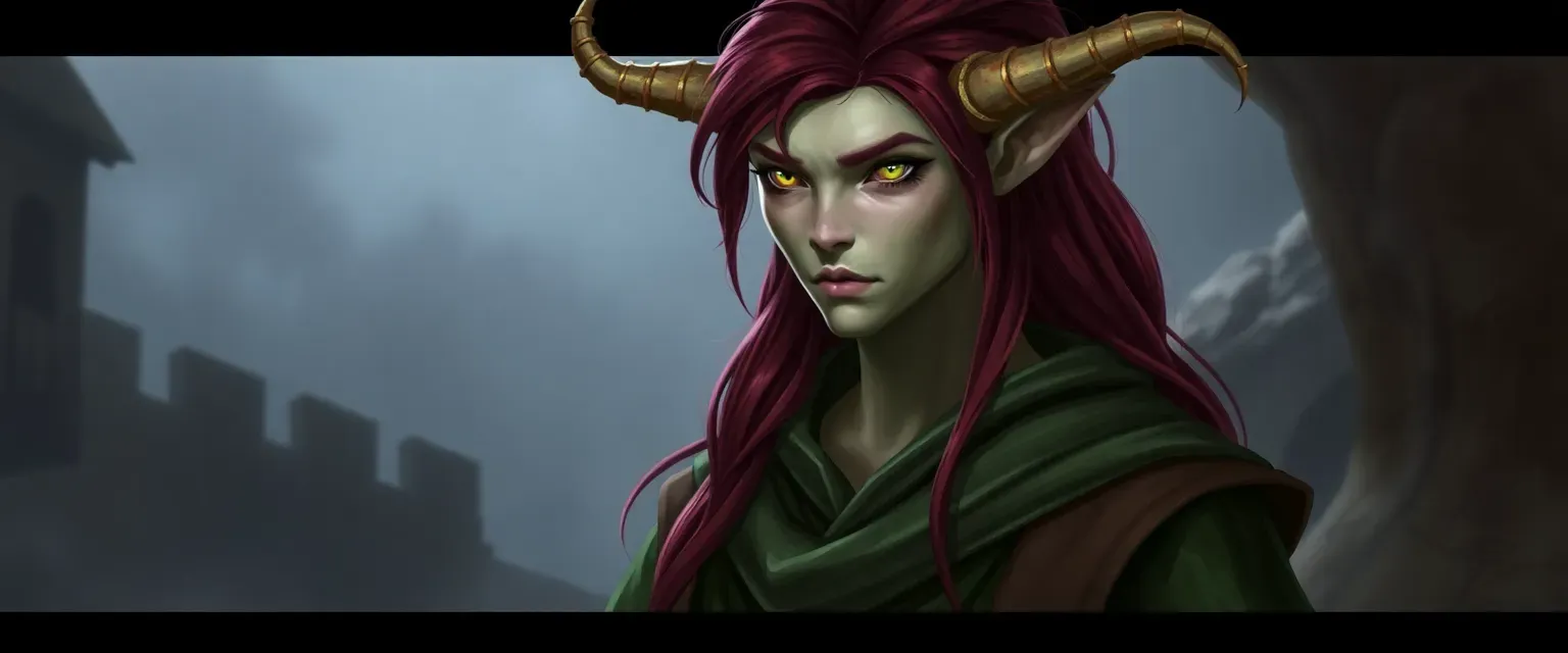 A tall changeling cleric with dark red hair, yellow eyes, and pale skin, wearing green and brown robes.