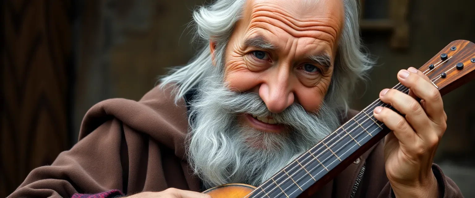 An elderly Slavic man with deep wrinkles and a toothless, mute smile, playing a one-stringed wooden instrument.