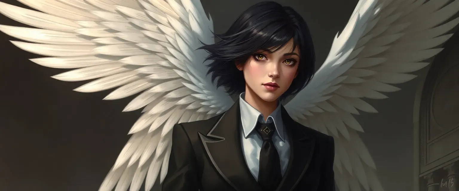 Eldest An archangel with short dark hair, formal attire, deep blue eyes, and four sets of white wings.