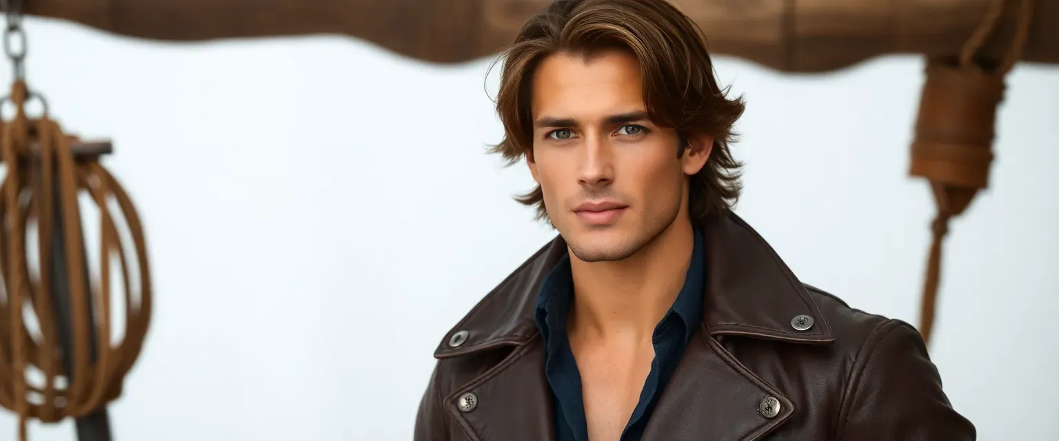 26-year-old muscular man, slightly shorter than average, with tanned skin, emerald eyes, and wavy shoulder-length brown hair, wearing dark practical clothes and a pirate-like leather coat.