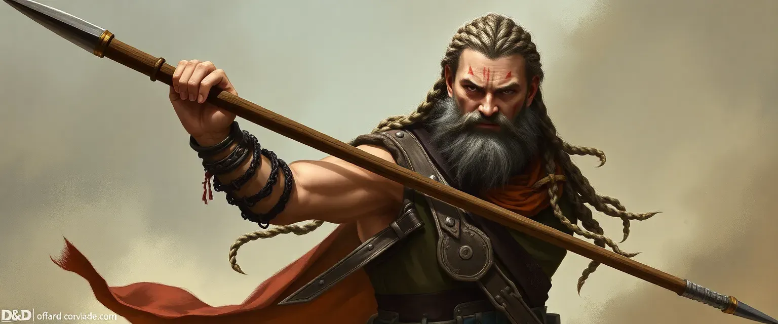 A fierce Slavic pagan leader with long braided hair, battle scars, and traditional clothing, wielding a long spear.