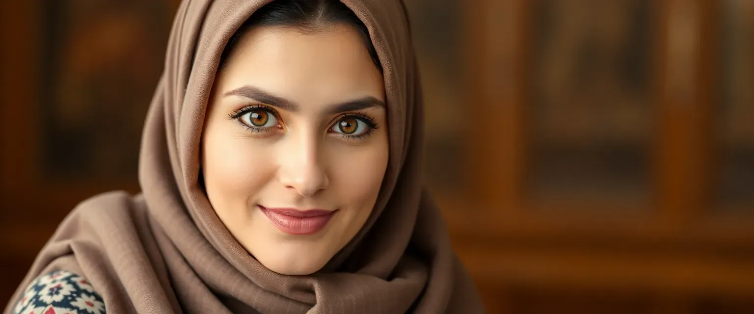 Mid-20s Iranian woman, beautiful, wearing hijab, married to ambassador, hazel eyes, traditional yet modern attire.