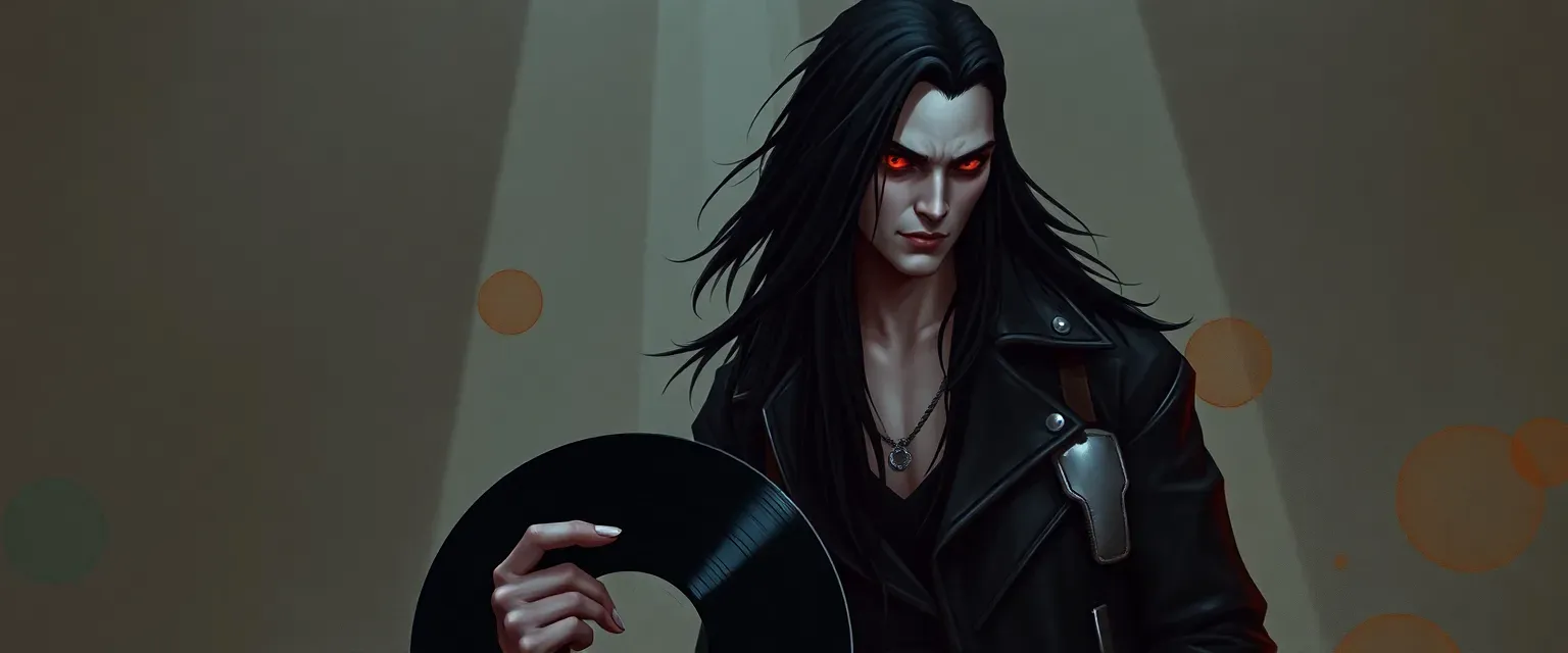Pale vampire with long black hair and crimson eyes, wearing a leather jacket and dark jeans, holding a vinyl record.