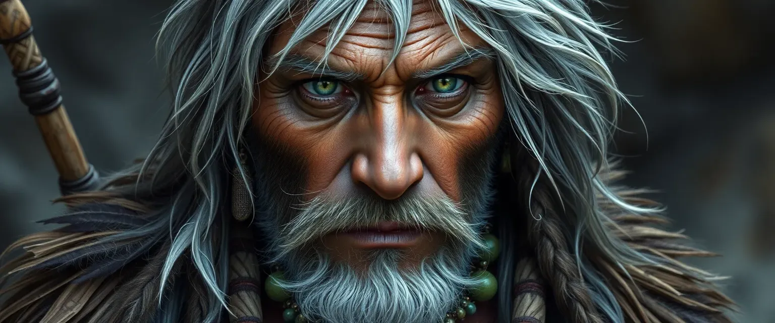 Aged tribal leader with silver-streaked hair, green eyes, wearing reed and fur garments, adorned with beads and feathers.