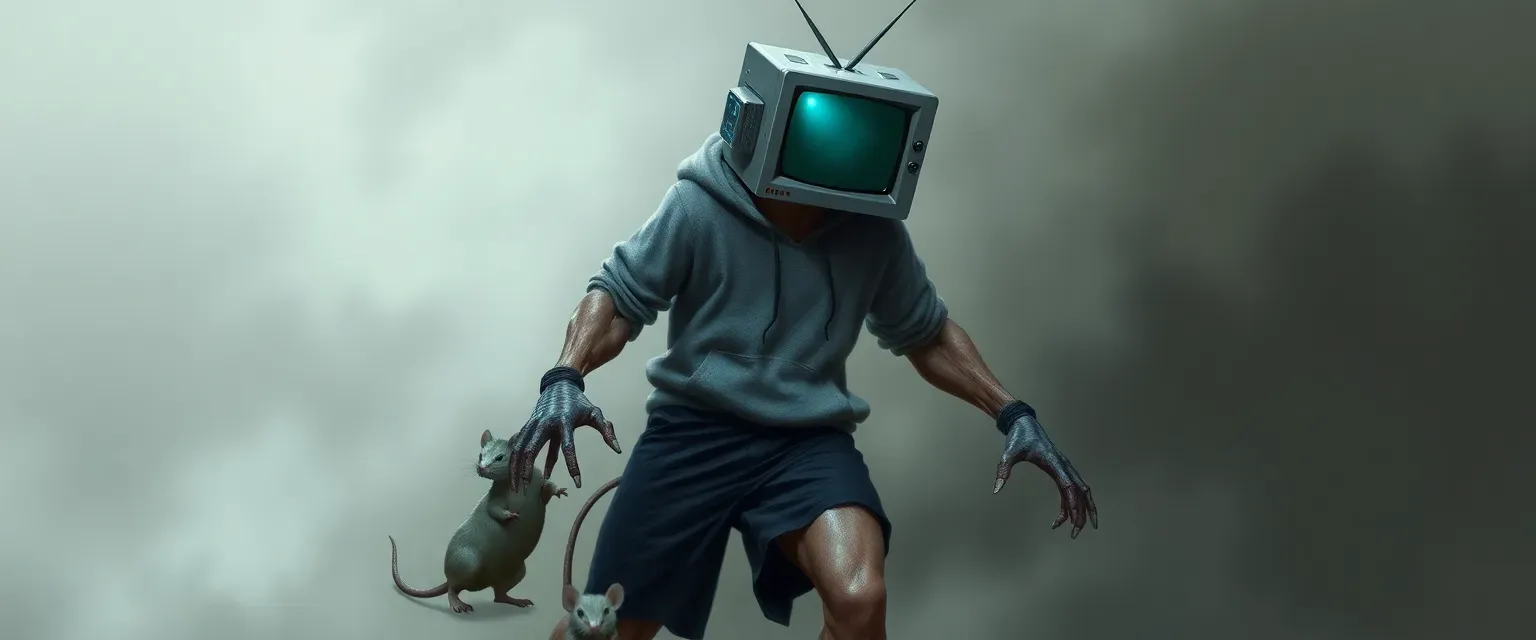 Warforged with TV head, human-like limbs, gray hoodie, black shorts, gray sneakers, three pet mice.