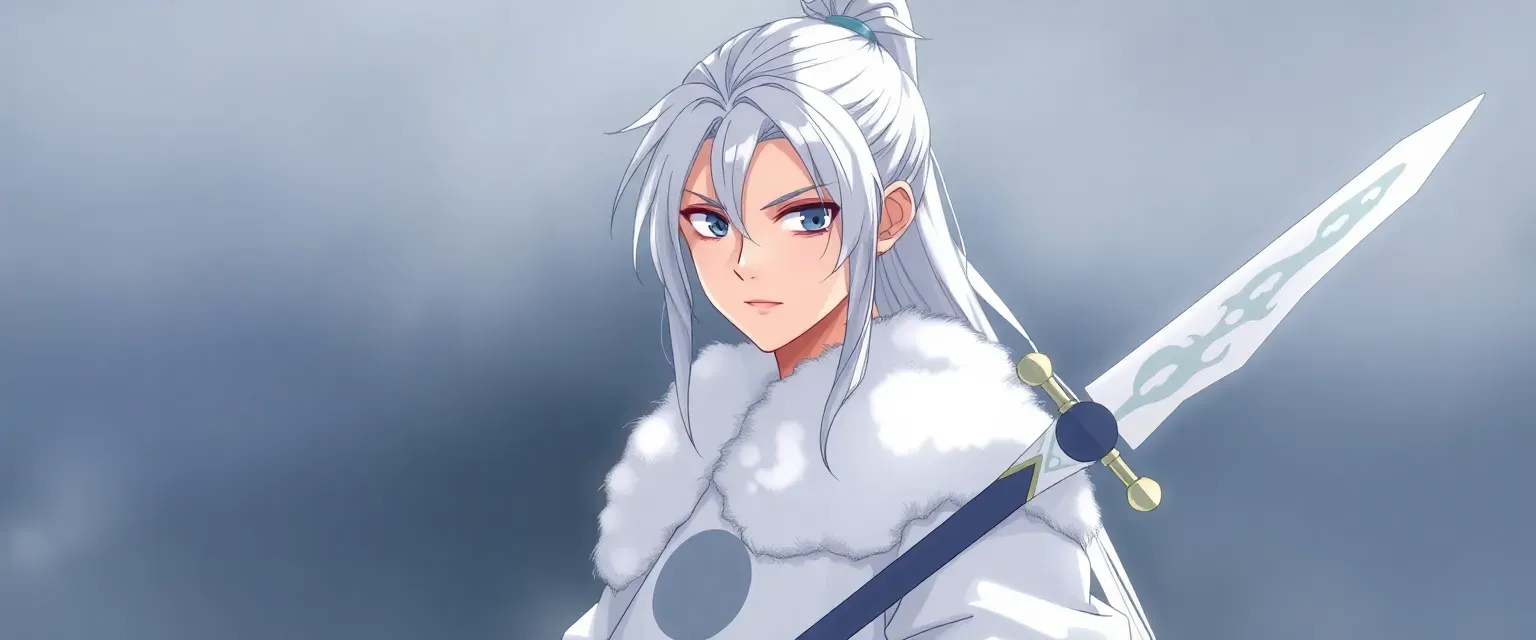 Tall young man with long white hair in a ponytail, grey eyes, wearing fluffy white robes with a moon and cloud symbol, holding a sword with a white, cloud-patterned sheath.