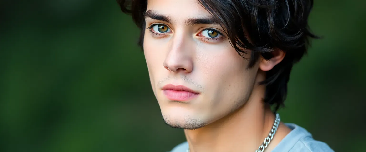 19-year-old Italian man, dark hair, brown eyes, casual yet stylish, olive skin, silver chain.