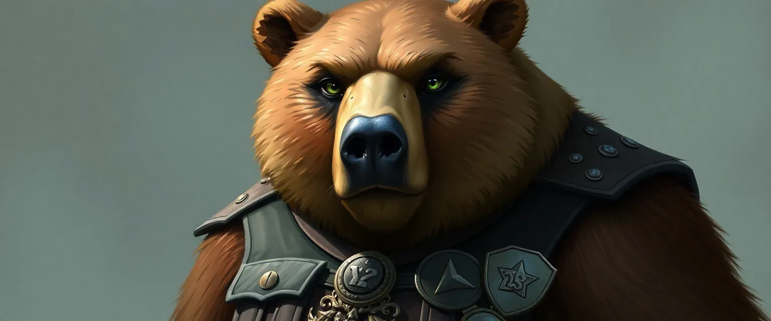 A 42-year-old bear in a snakeskin uniform, medals, green eyes, graying brown fur, standing tall.