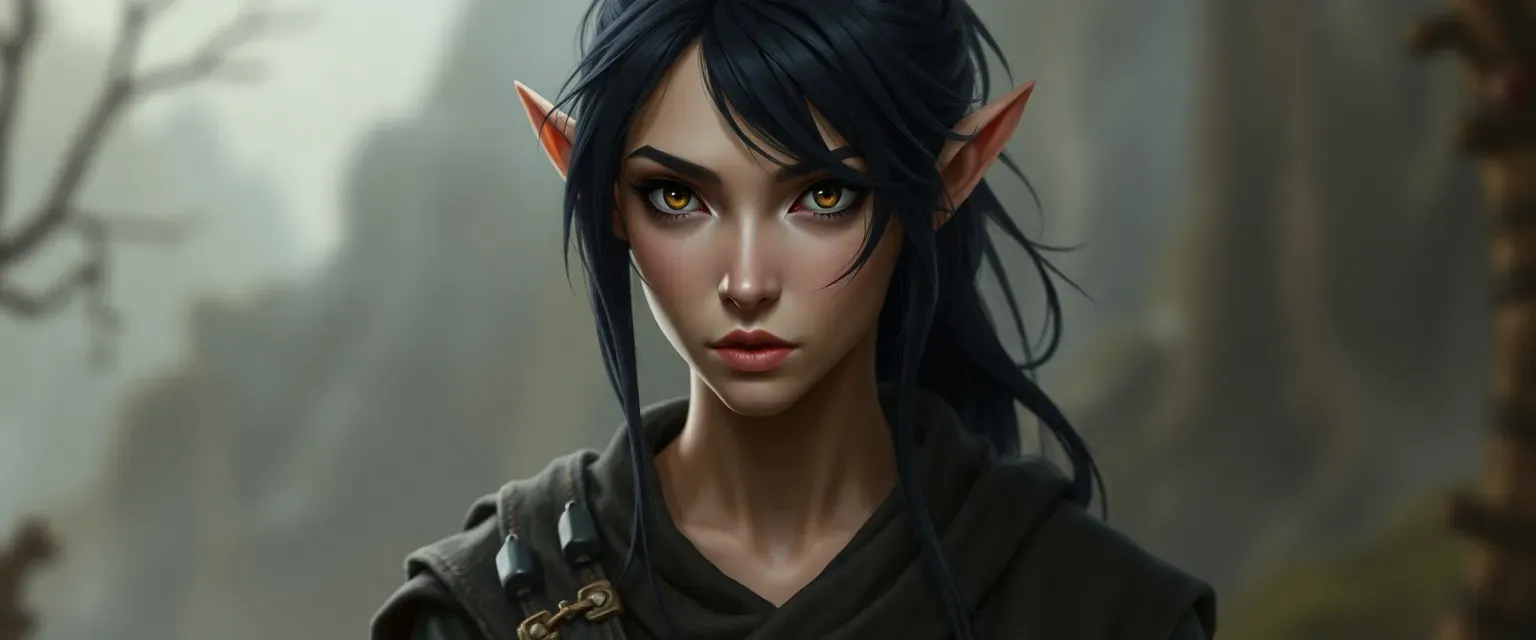 A reborn half-elf with black hair and black eyes, lean and lithe, dressed in monk and druid attire.