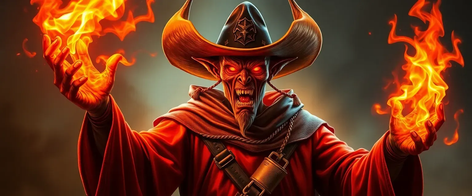Demon sorcerer in a fiery robe and cowboy hat, eyes ablaze, wielding healing and attacking flames.