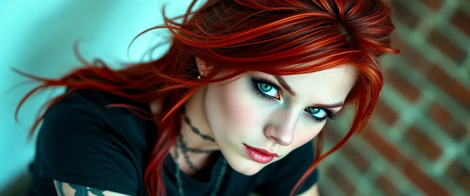 27-year-old woman with wild red hair, piercing green eyes, wearing ripped jeans and band t-shirts, adorned with leather accessories.