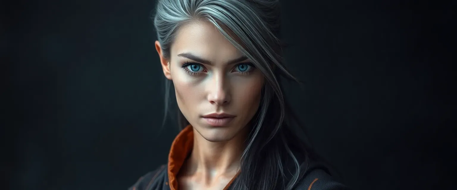 A woman with gray-streaked black hair, sharp features, and piercing blue eyes, wearing water-like robes edged in fiery hues.