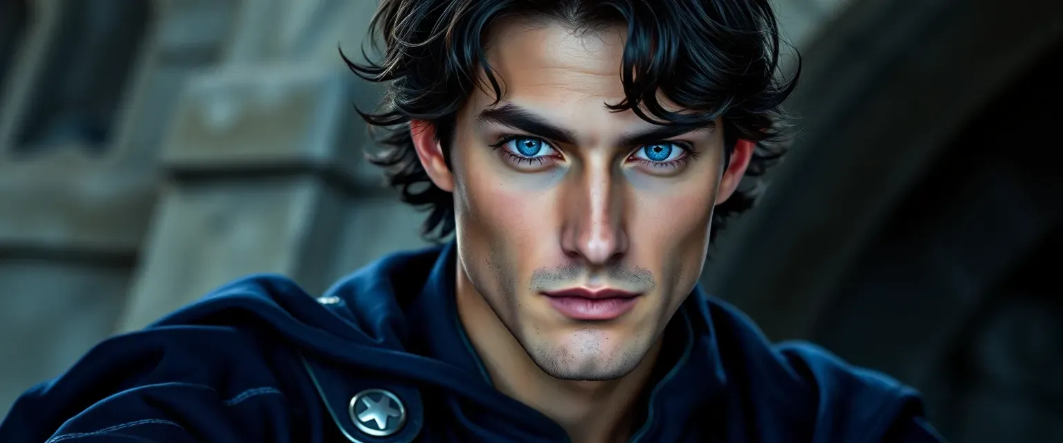 Late twenties man with dark wavy hair and piercing blue eyes, wearing deep blue Academy robes with silver accents.