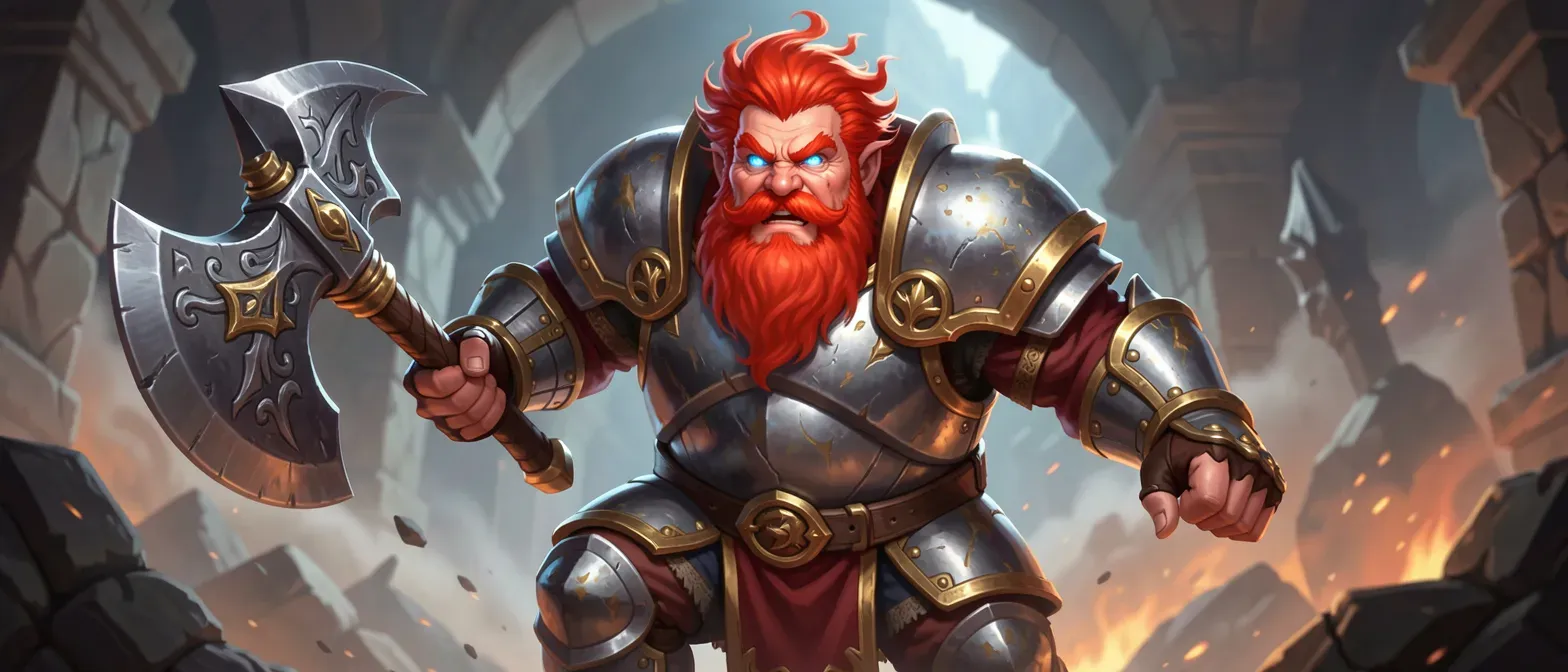Stocky dwarf fighter with fiery red beard, gleaming plate armor, and twinkling blue eyes, holding a massive battleaxe.