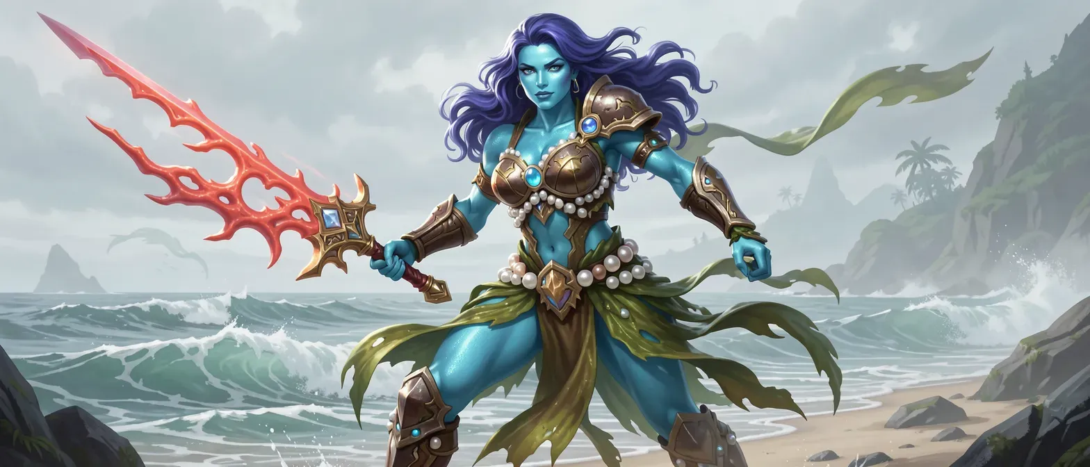 Lithe 28-year-old woman with shimmering azure skin, indigo wavy hair, wearing kelp and pearl armor, wielding a rippling coral longsword, standing by misty seaside.