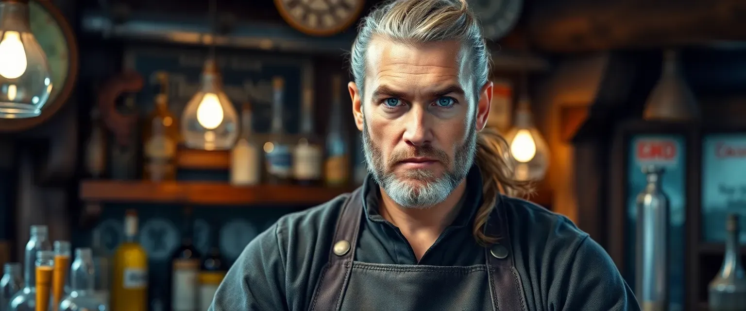 A man in his forties with graying hair in a ponytail, piercing blue eyes, wearing a stained tunic and apron, standing behind a bar.
