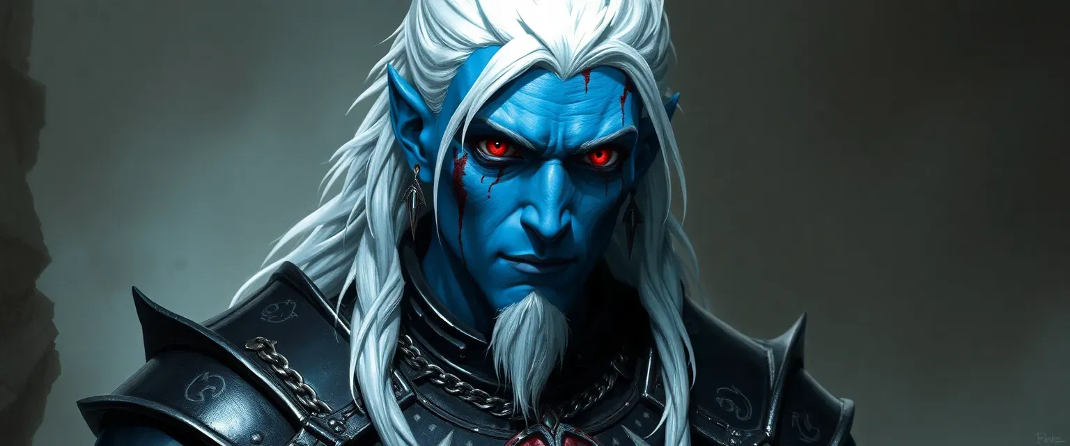 Male Drow with blue skin, red eyes, white hair stained with blood, wearing dark leather and chainmail with Bhaal symbols.