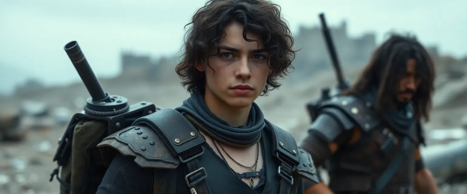 18-year-old Ezra with dark curly hair and brown eyes, wearing scavenged clothes and makeshift armor, in a post-apocalyptic world.