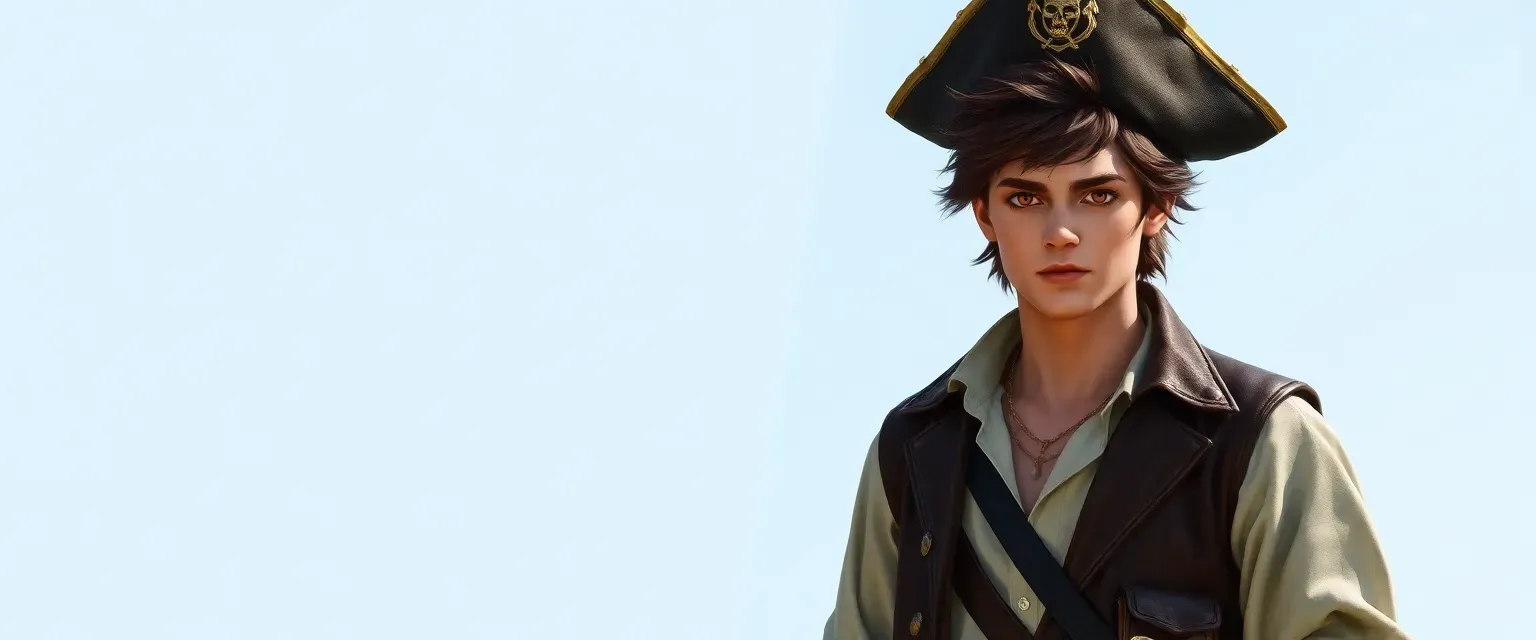 22-year-old pirate with short, tousled dark brown hair, strong royal features, wearing a white shirt, leather jacket, breeches, and a pirate hat.