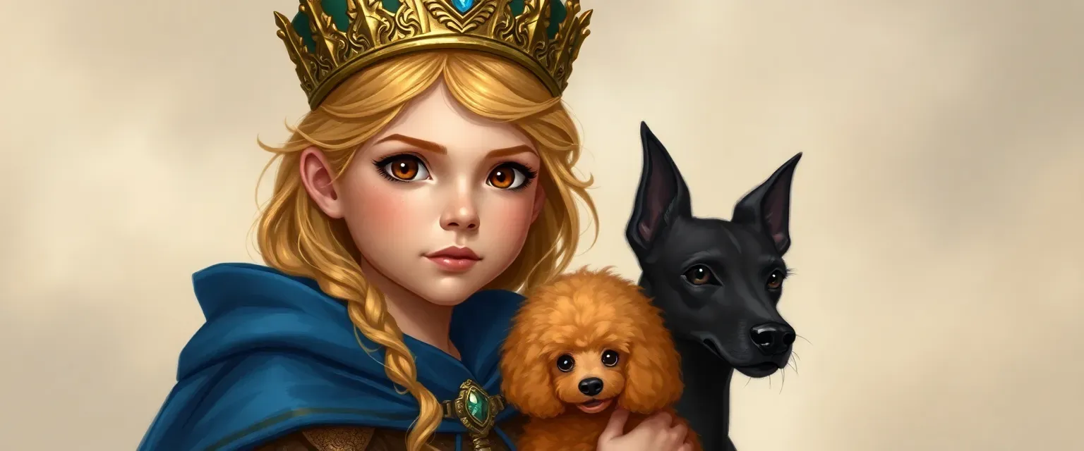 9-year-old queen with golden hair, brown eyes, wearing a crown and blue cloak, accompanied by an orange poodle and black greyhound.