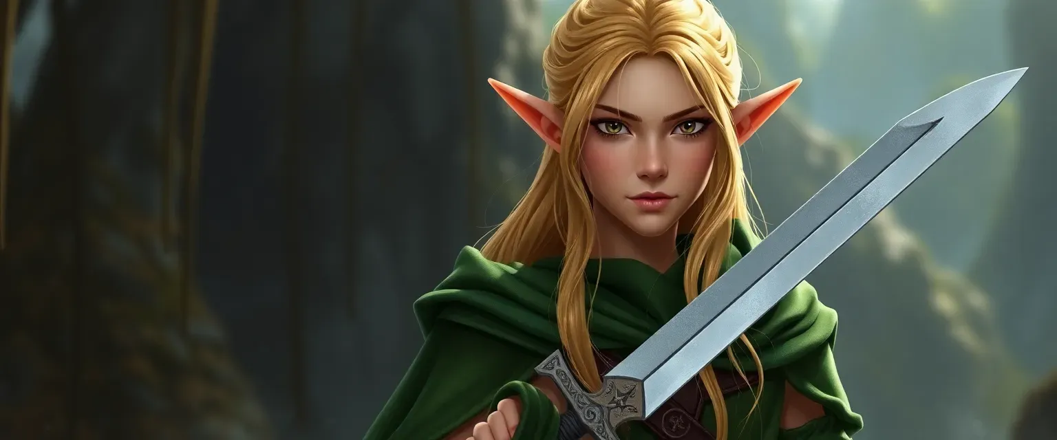 Tall elf with golden hair and light brown eyes, wearing a green tunic and cloak, armed with a rune-engraved longsword.