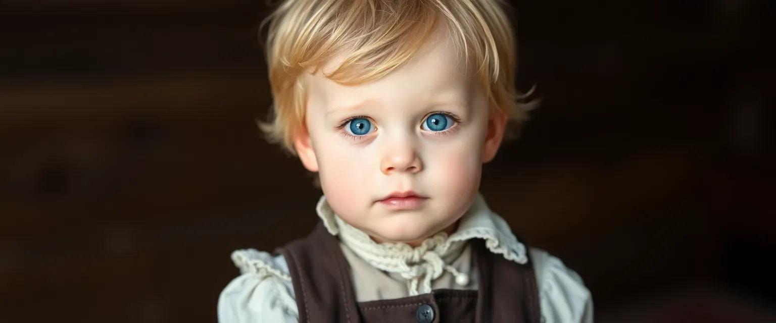 A one-year-old boy with bright blue eyes and golden hair, dressed in simple 19th-century Russian attire.