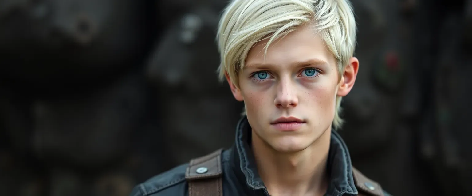 17-year-old Knox with ash-blonde hair, sea blue-green eyes, freckles, strong build, wearing Scout leathers.