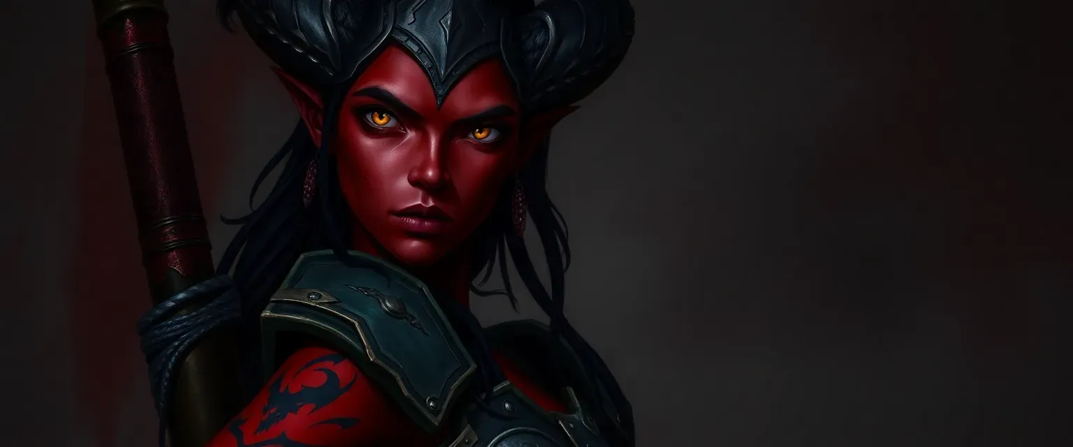 Tall tiefling woman with crimson skin, black hair, amber eyes, and glowing tattoos, dressed in battle-worn armor.