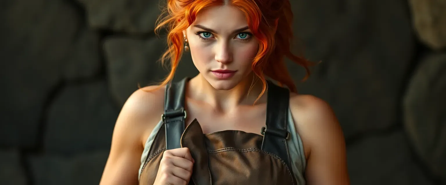 Young woman with fiery red hair, tanned skin, muscular build, wearing a leather tunic and heavy apron, callused hands.