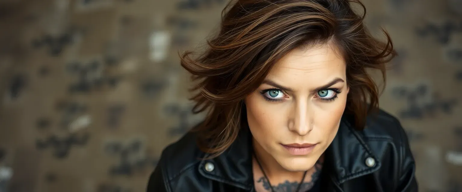 Early 30s woman with wild brown hair, leather jacket with patches, tattoos, sharp eyes, rugged and resilient.