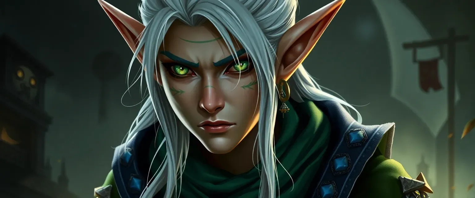 Tall Night Elf with silver hair and green eyes, wearing traditional green and blue garb with facial tattoos.